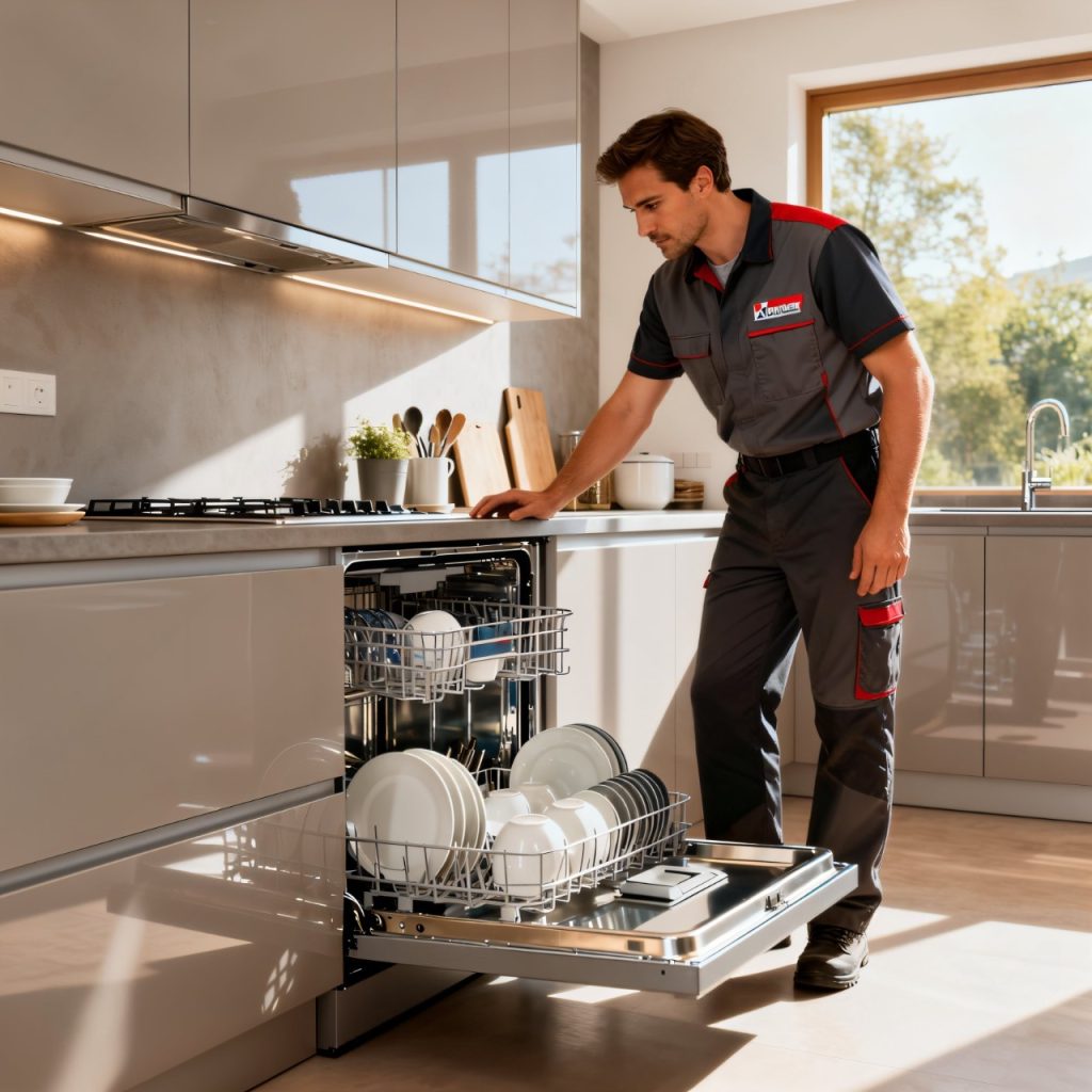 Expert technician performing dishwasher repair in Melbourne kitchen with open dishwasher door and clean dishes inside.