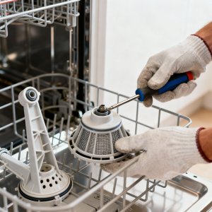 Technician carefully cleaning and inspecting dishwasher spray arms and filters as part of dishwasher repair Melbourne maintenance services