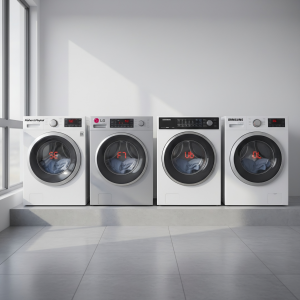 Photo-realistic image showing four different washing machine control panels from LG, Fisher & Paykel, Samsung, and Whirlpool; each panel displaying blinking error lights or error codes related to spin cycle faults, illustrating washing machine not spinning issues across popular brands.