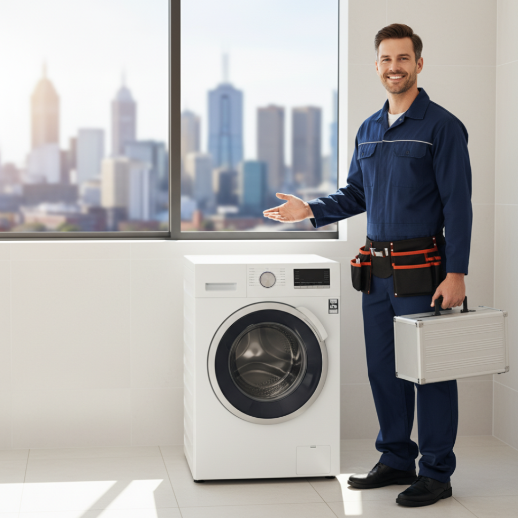 A friendly washing machine technician in Melbourne beside a modern front-loading washer, wearing a navy uniform and holding a toolbox in a clean laundry room with Melbourne skyline visible