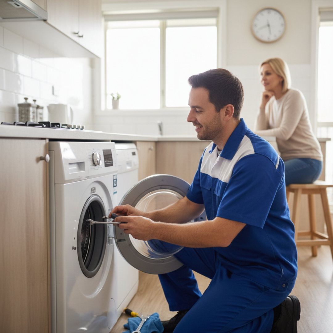 Technician fixing a washing machine in a Melbourne home Local Washing Machine Repairs service