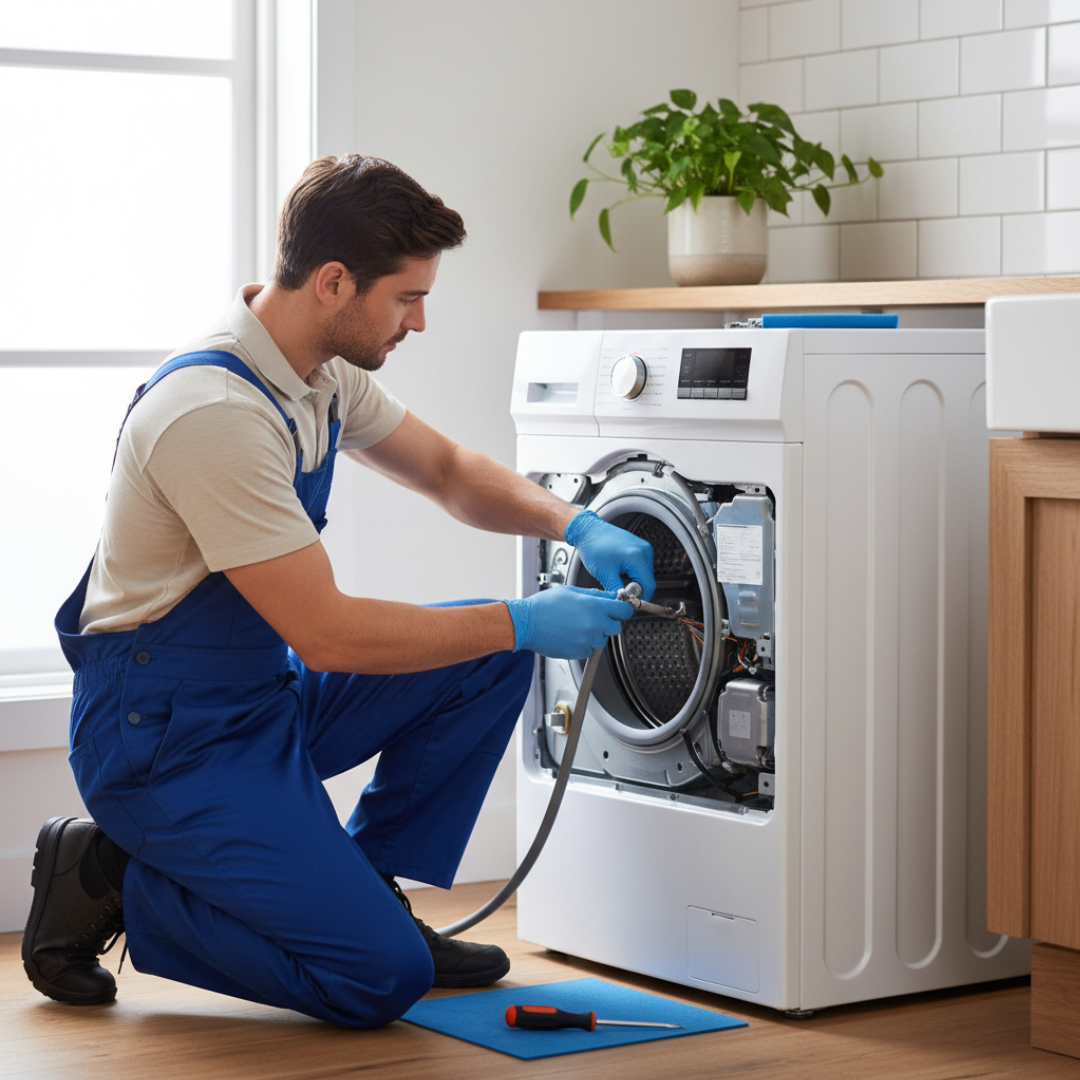 Melbourne washing machine repair technician fixing a front-load washer at home