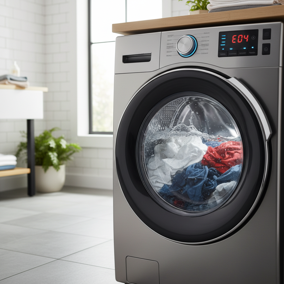 Close-up of a front-load washing machine mid-spin cycle with drum full of water and clothes, digital display showing error code 'E04', illustrating a washing machine not spinning issue.